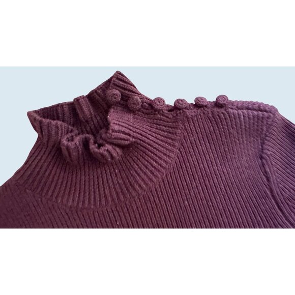 SEE BY CHLOE Burgundy Ruffle Neck Shoulder Button Wool Ribbed Sweater Sz L - Picture 4 of 7